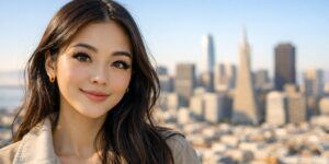 Asian woman with dramatic mascara and long eyelashes smiling with San Francisco skyline blurred in the background