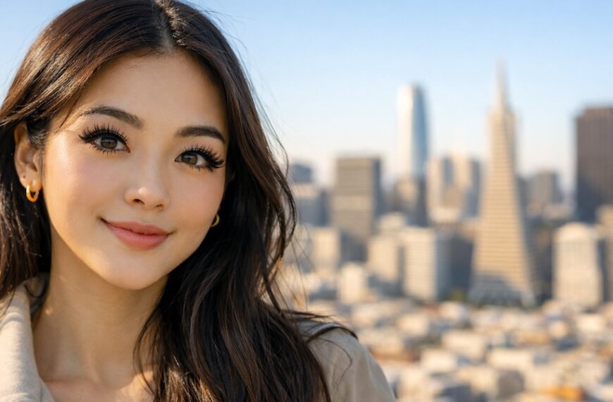 Asian woman with dramatic mascara and long eyelashes smiling with San Francisco skyline blurred in the background