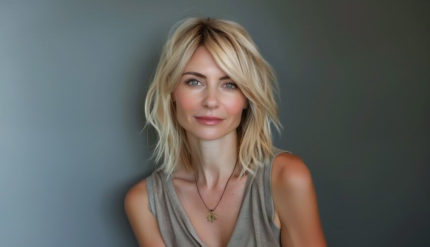 a photo of a woman with a feather cut hairstyle
